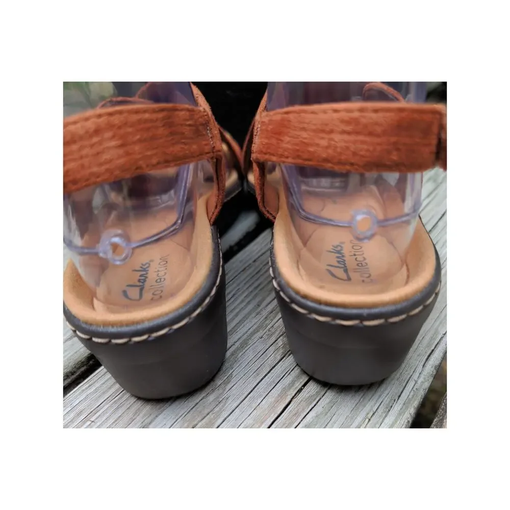 Clarks Collection Merliah Echo Sandals Brown Rust 8.5 Strappy Wedge Foam Footbed